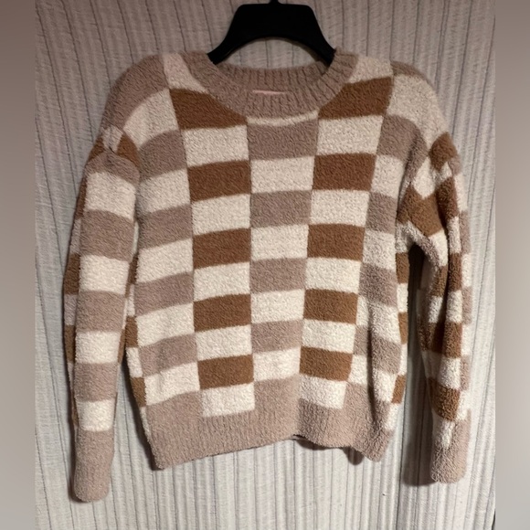 Pink Lily Sweaters - Pink Lily Checkered Brown, Beige and Cream Teddy Bear Sweater